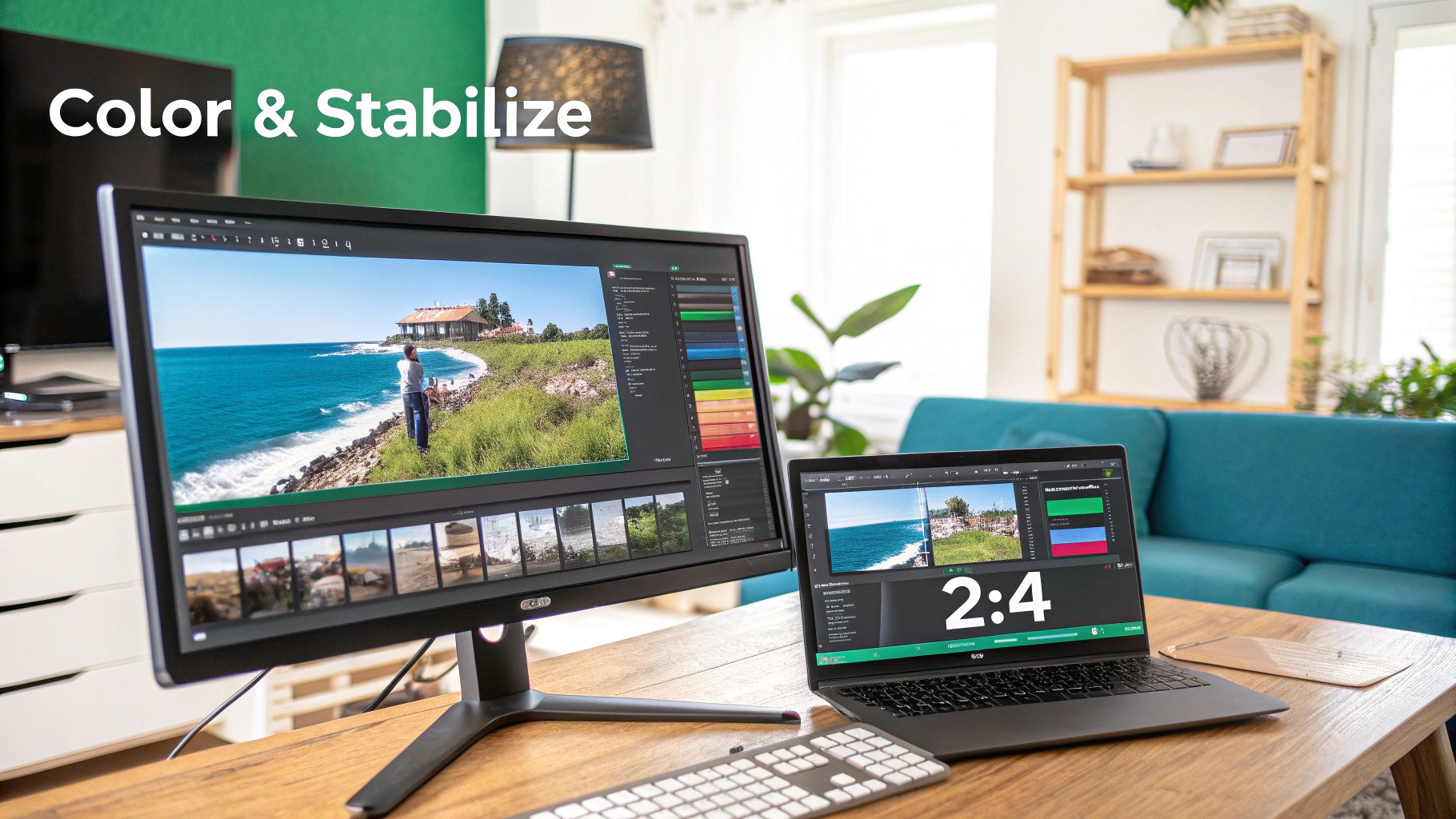 A dual-screen editing workstation with a monitor and laptop displaying video editing software and a coastal video.