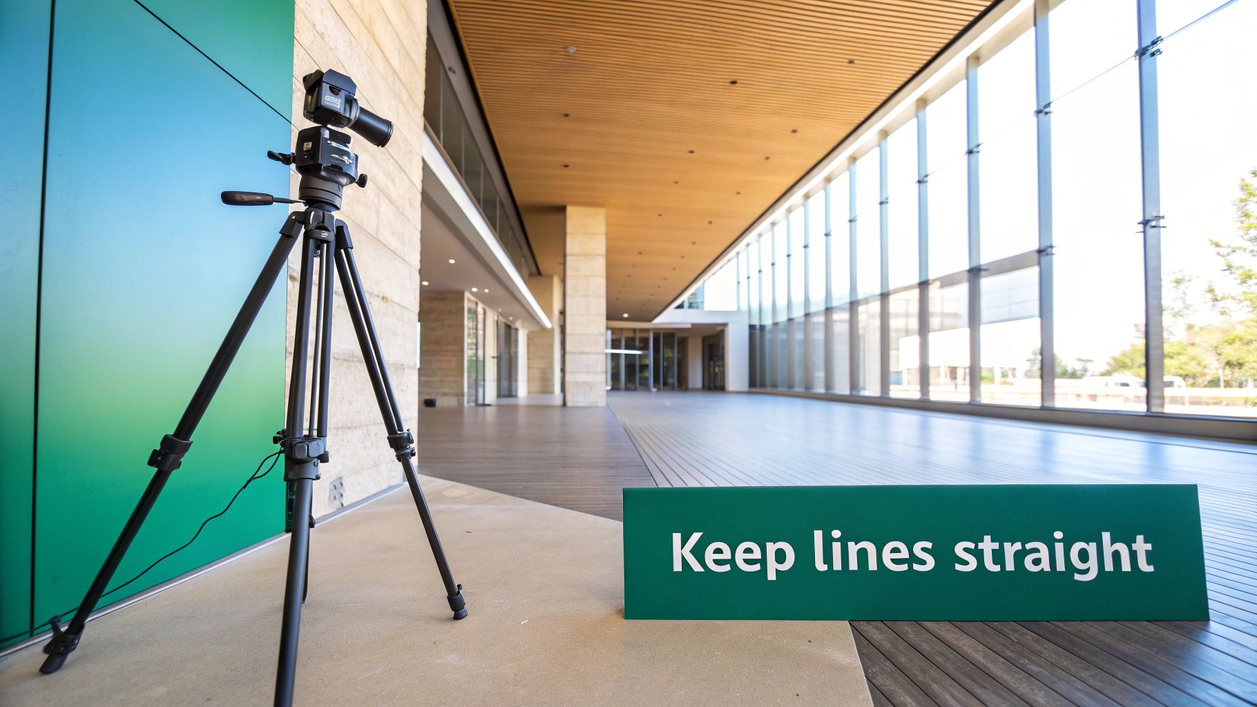 A camera on a tripod in a modern, brightly lit hallway with a 'Keep lines straight' sign.