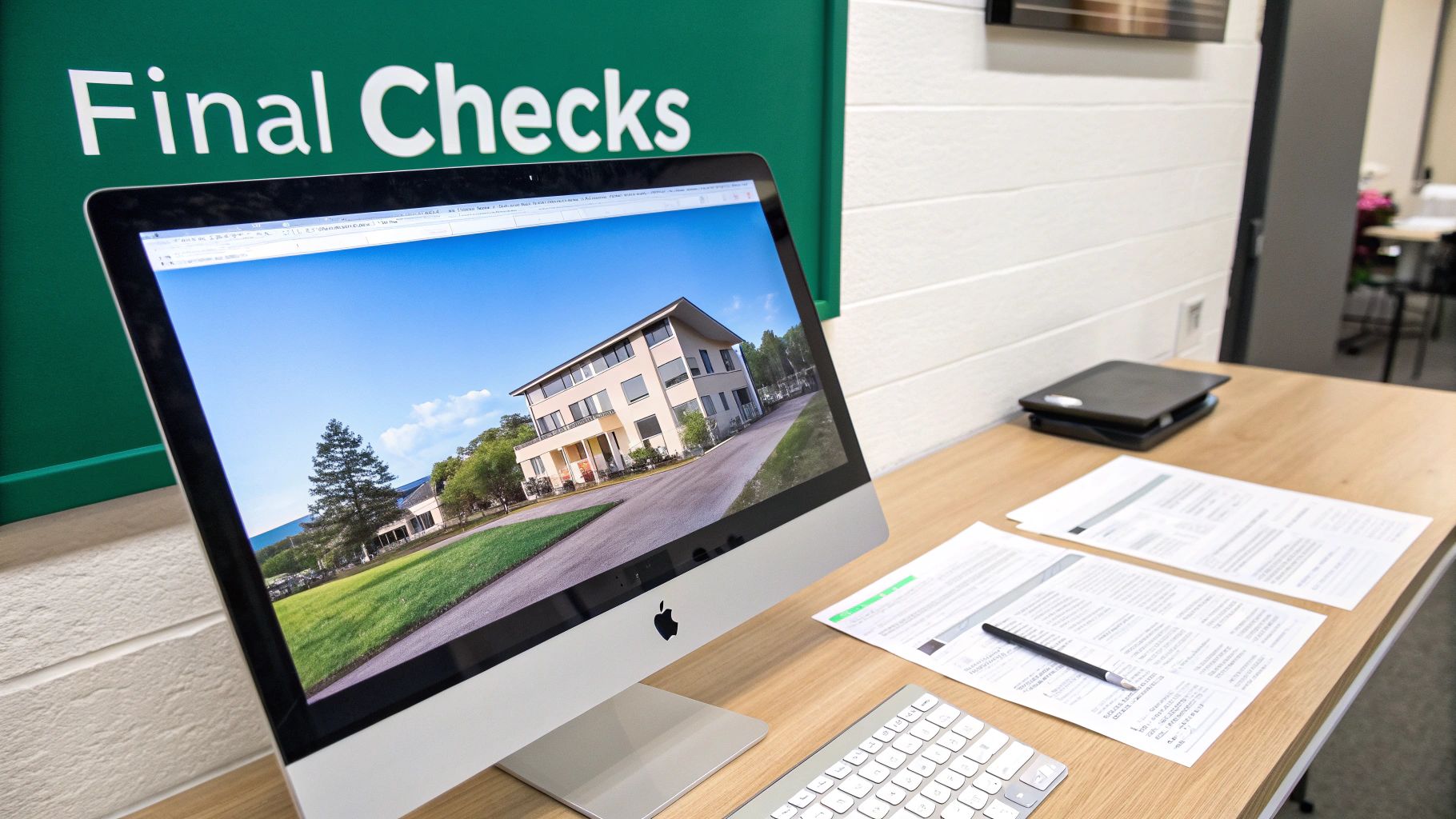 An iMac displays a real estate photo of a house, with documents and a pen on a desk, under a 'Final Checks' sign.