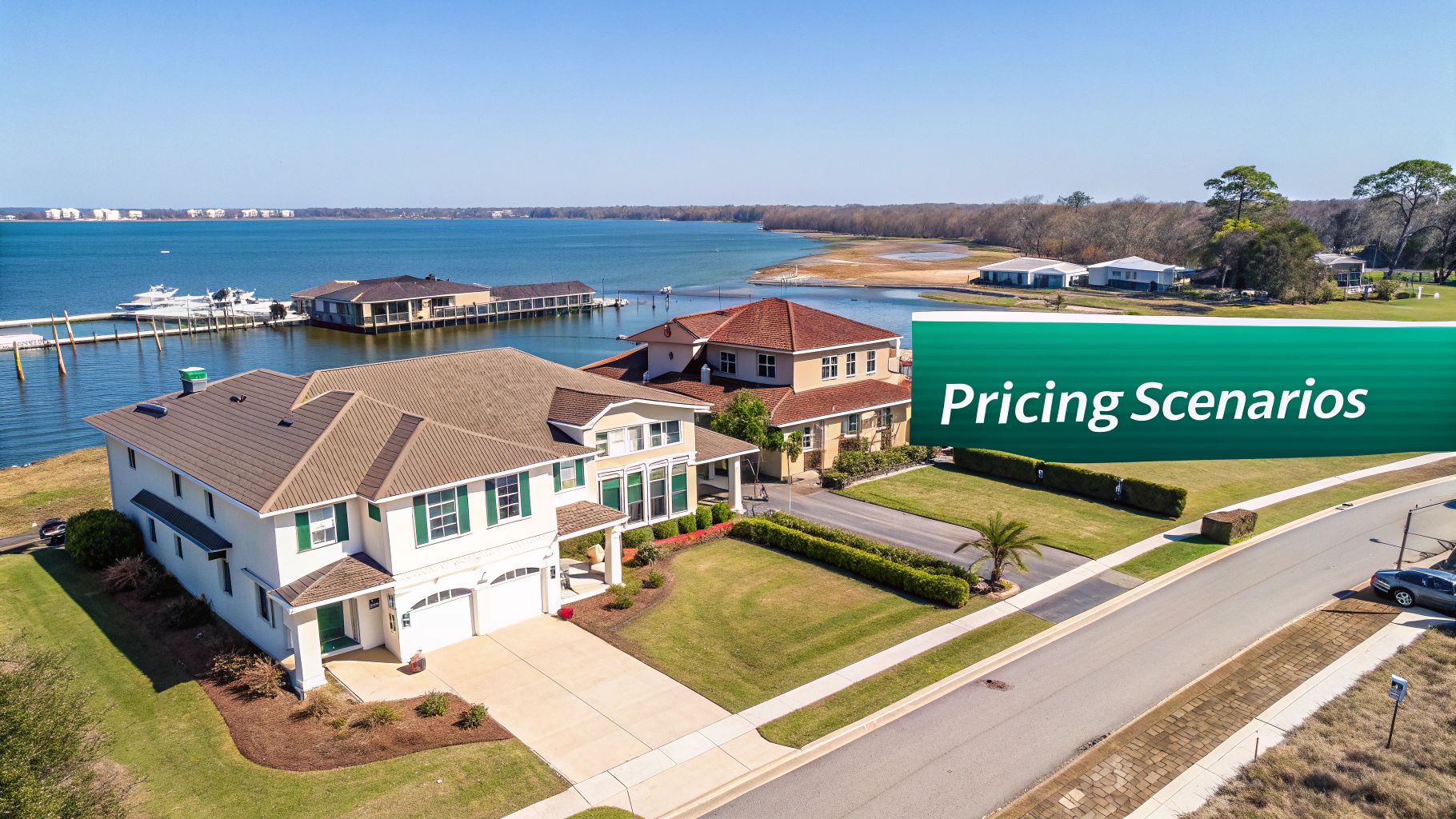 Aerial view of waterfront luxury homes, a marina, and a bay, with a 'Pricing Scenarios' banner.