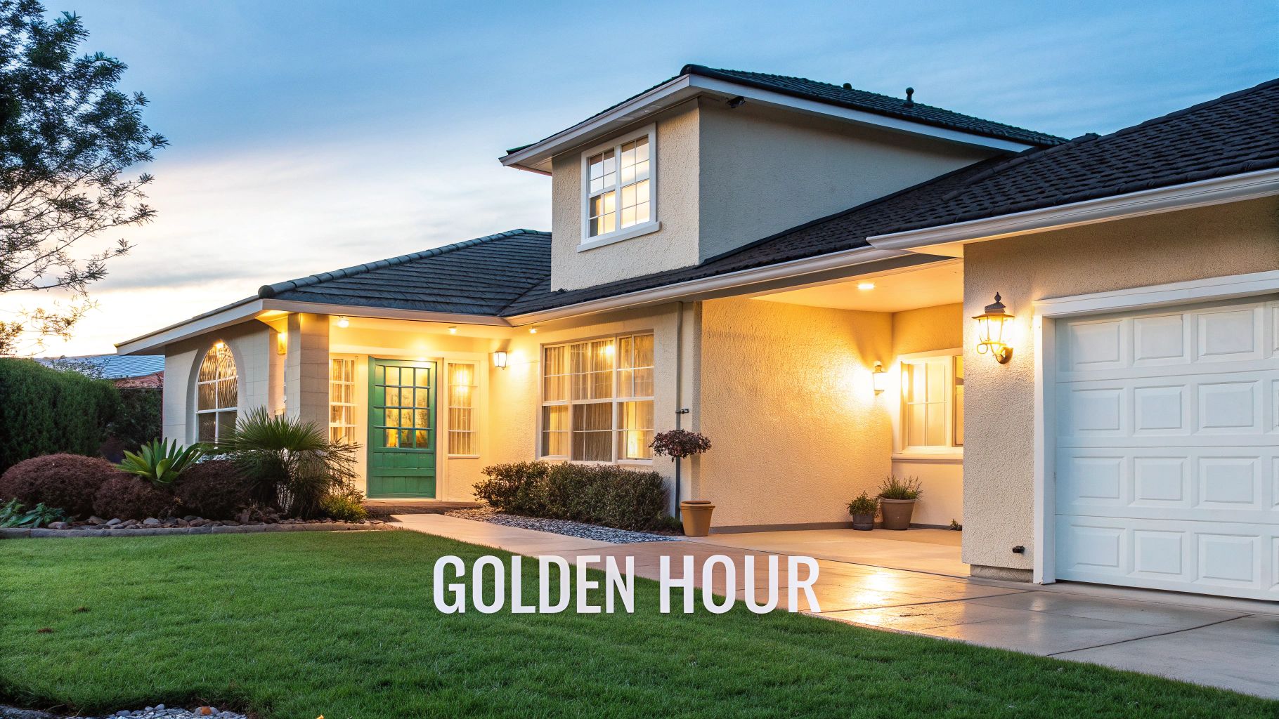 A house exterior beautifully illuminated by warm lights during the golden hour, featuring a green door.