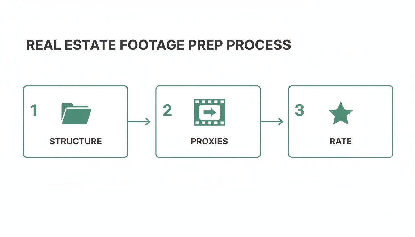 A diagram illustrates a three-step real estate footage preparation process: structure, proxies, and rate.