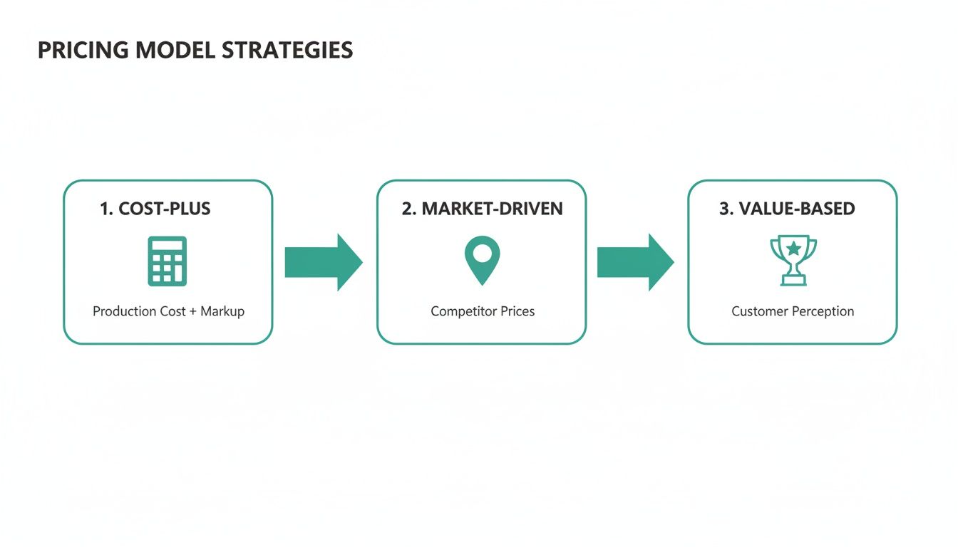 Three pricing model strategies: Cost-Plus, Market-Driven, and Value-Based, presented as a flowchart.