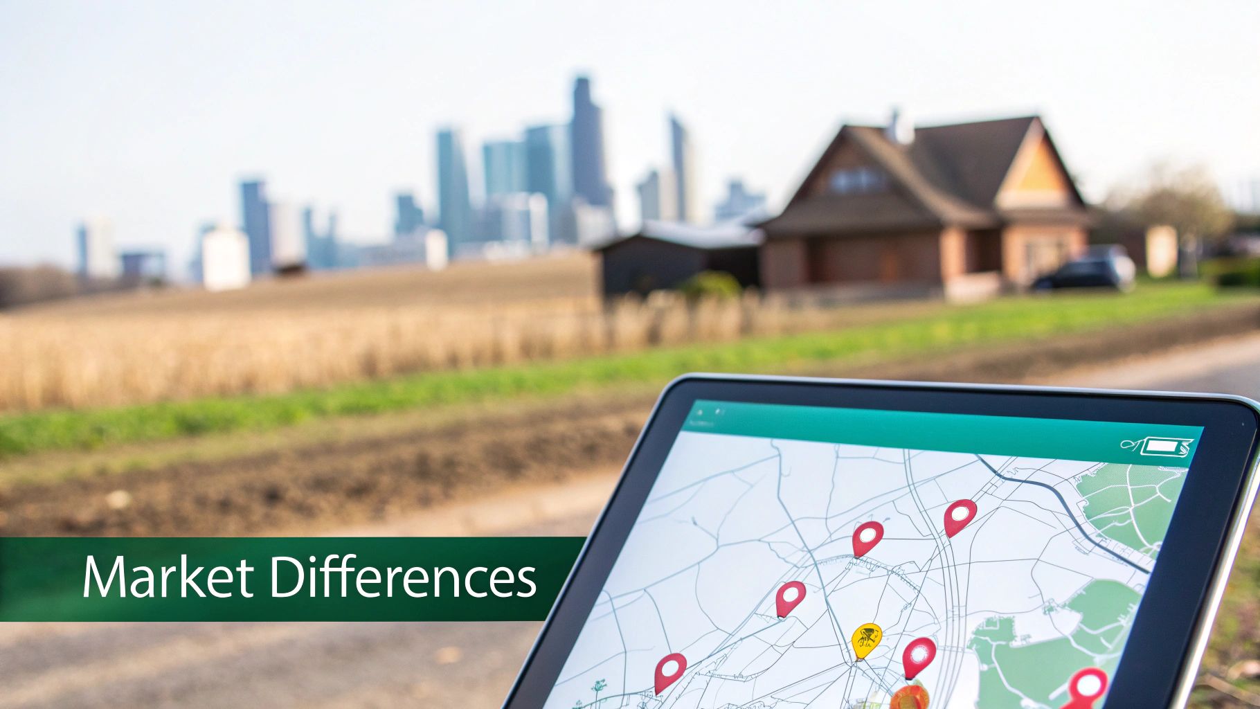 A tablet displays a map with location pins, contrasting a rural house and a city skyline, representing market differences.