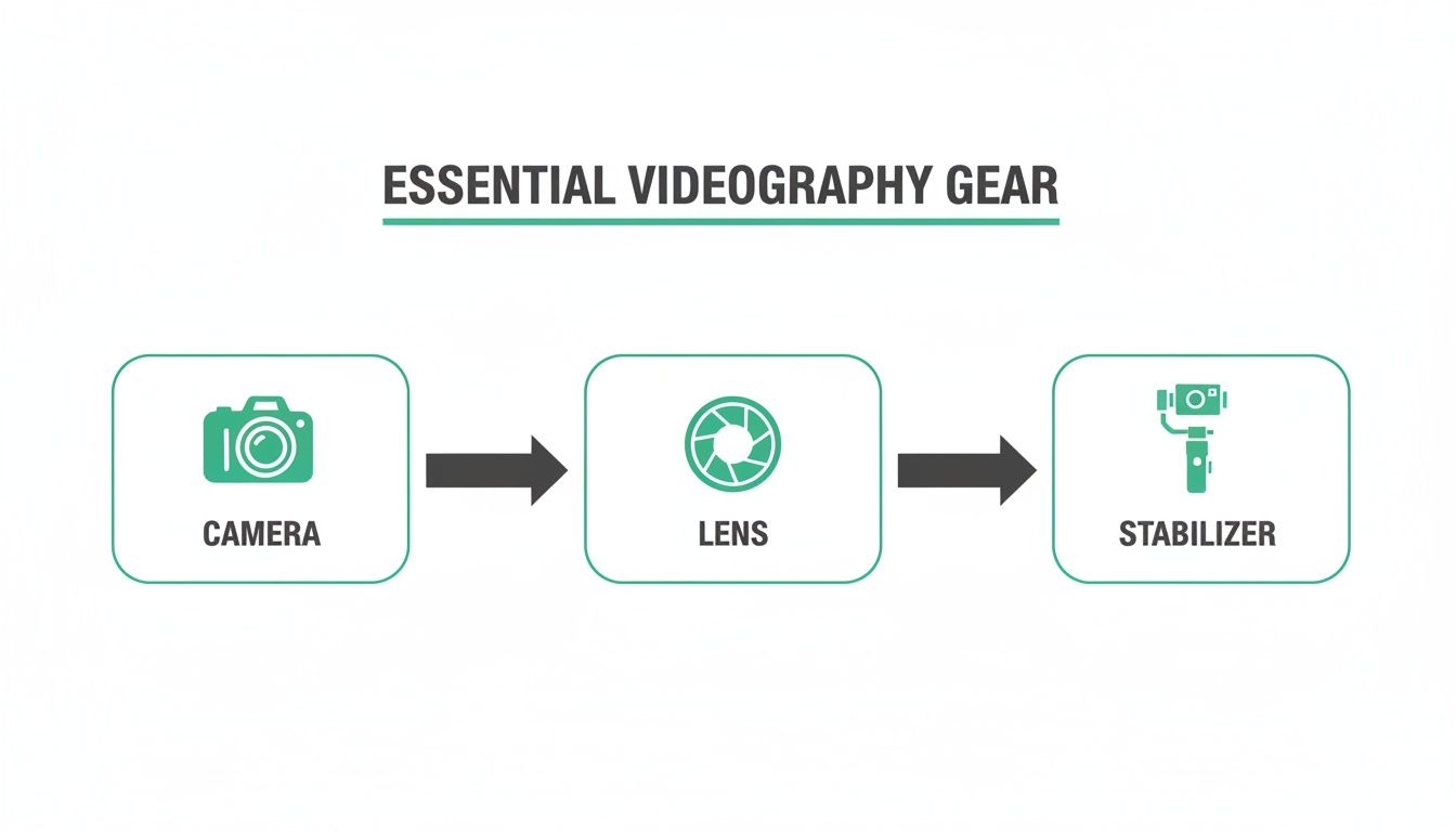 An infographic illustrating essential videography gear: a camera, lens, and stabilizer in sequence.