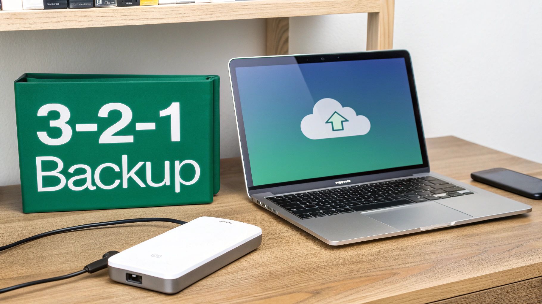 A desk setup featuring a '3-2-1 Backup' binder, laptop showing cloud sync, and external hard drive.
