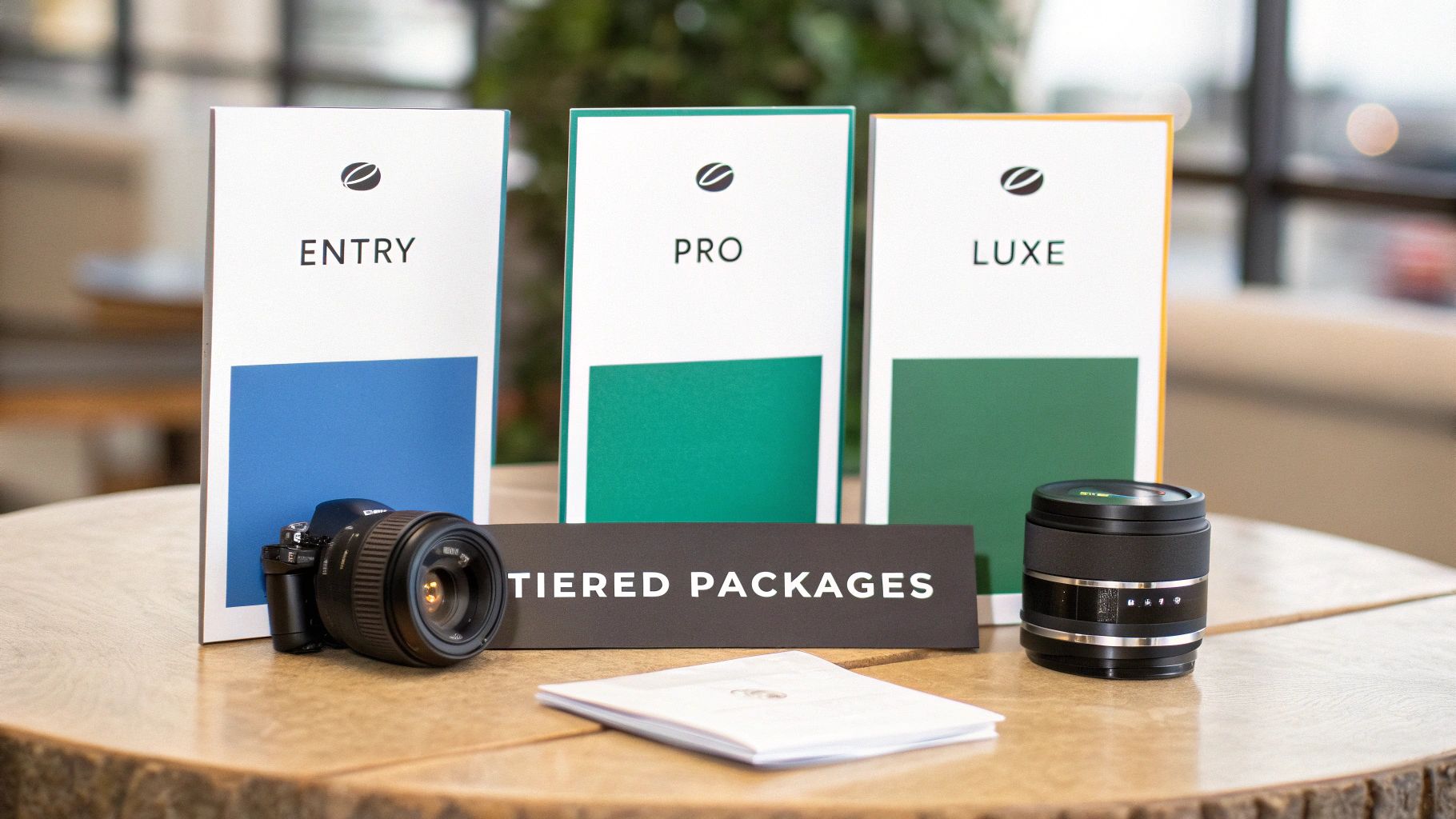 Tiered photography packages, including Entry, Pro, and Luxe, displayed with camera gear.