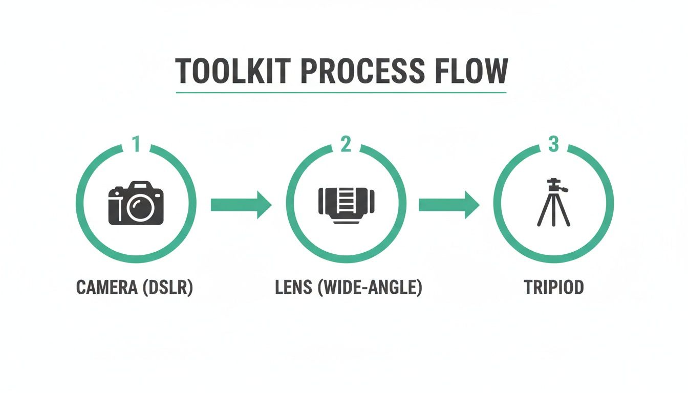 A process flow diagram showcasing essential photography equipment: DSLR camera, wide-angle lens, and tripod.