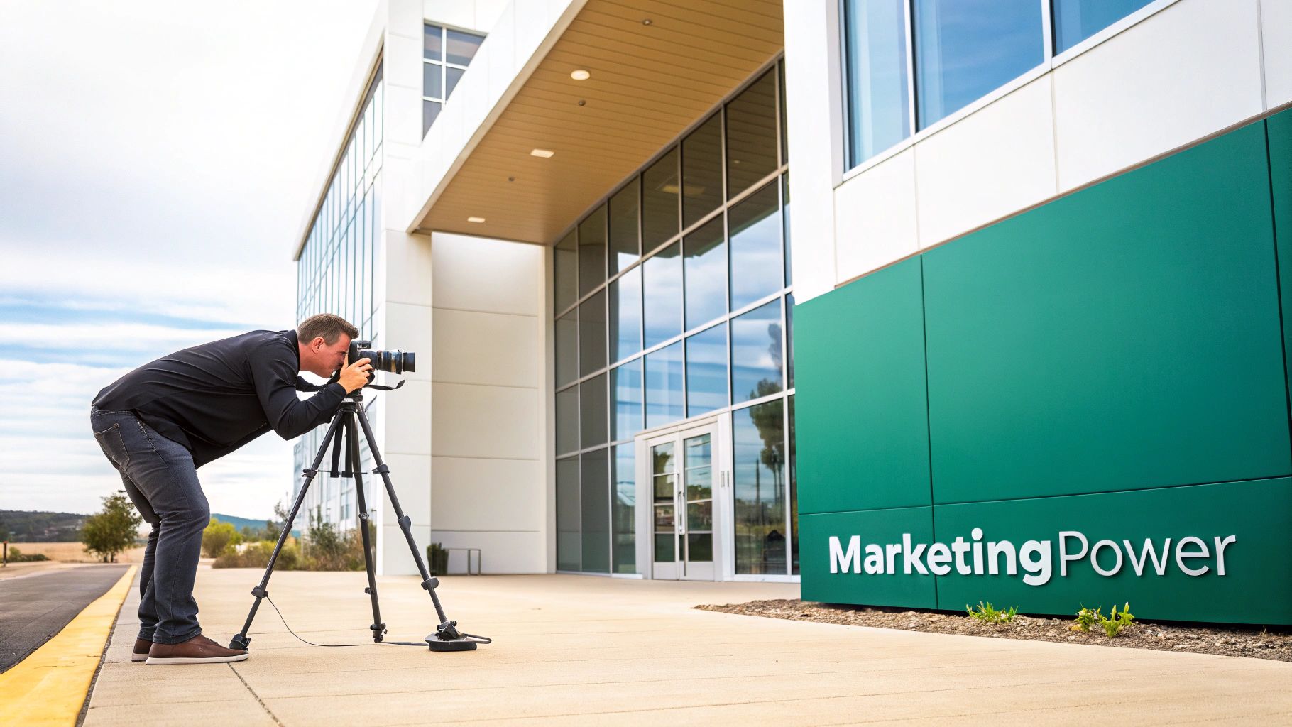 A professional photographer uses a camera on a tripod to capture a modern building with a 'Marketing Power' sign.