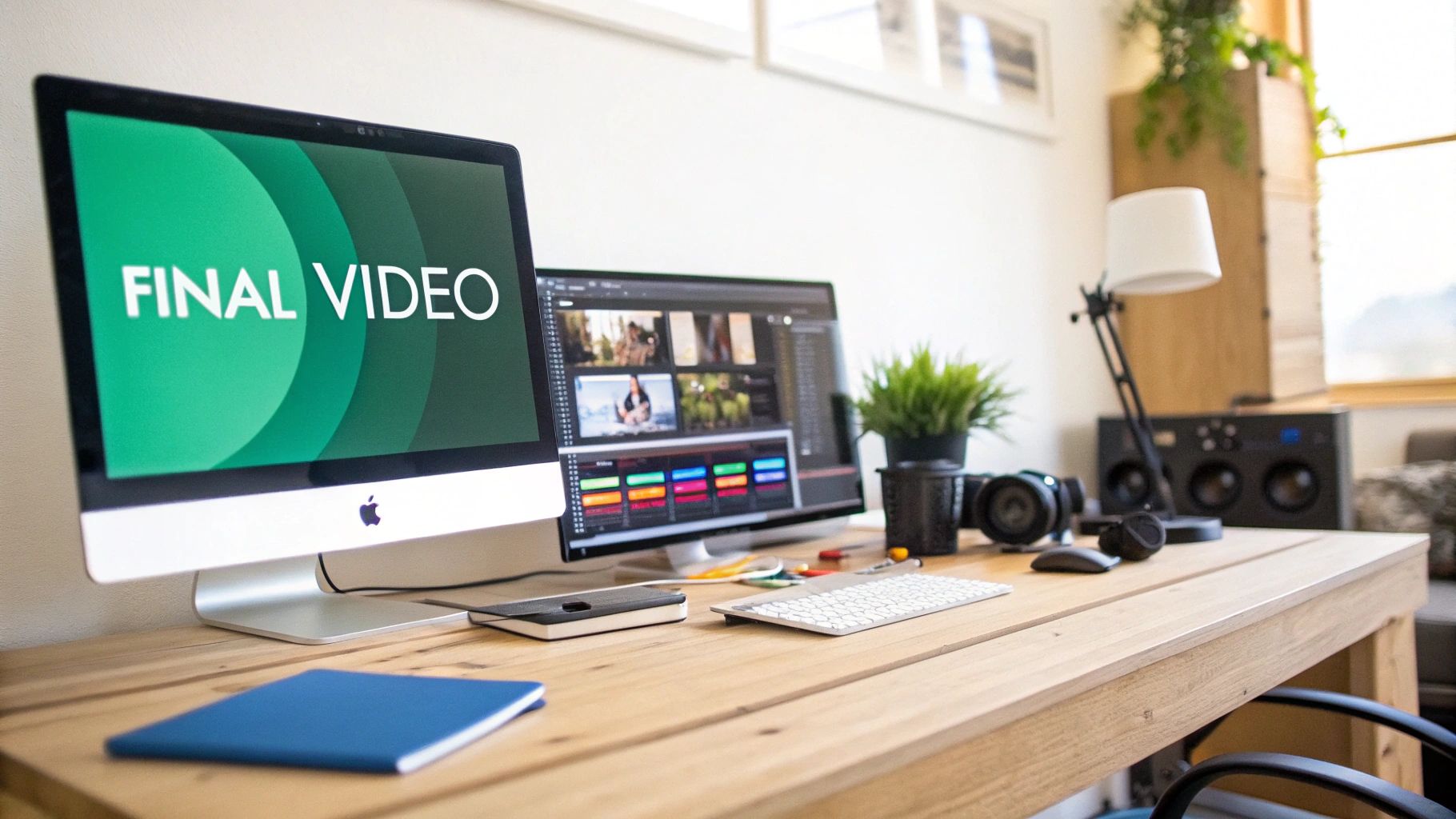 A video editing workstation with two monitors, camera, headphones, and a plant on a wooden desk.