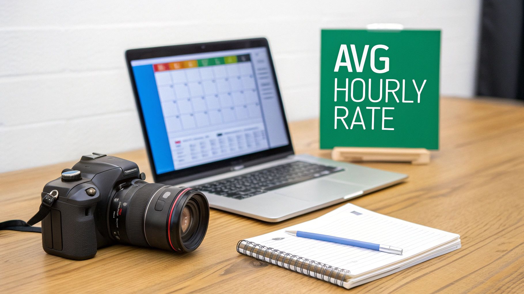 A photographer's desk setup featuring a camera, laptop, notebook, and a sign reading 'AVG HOURLY RATE'.