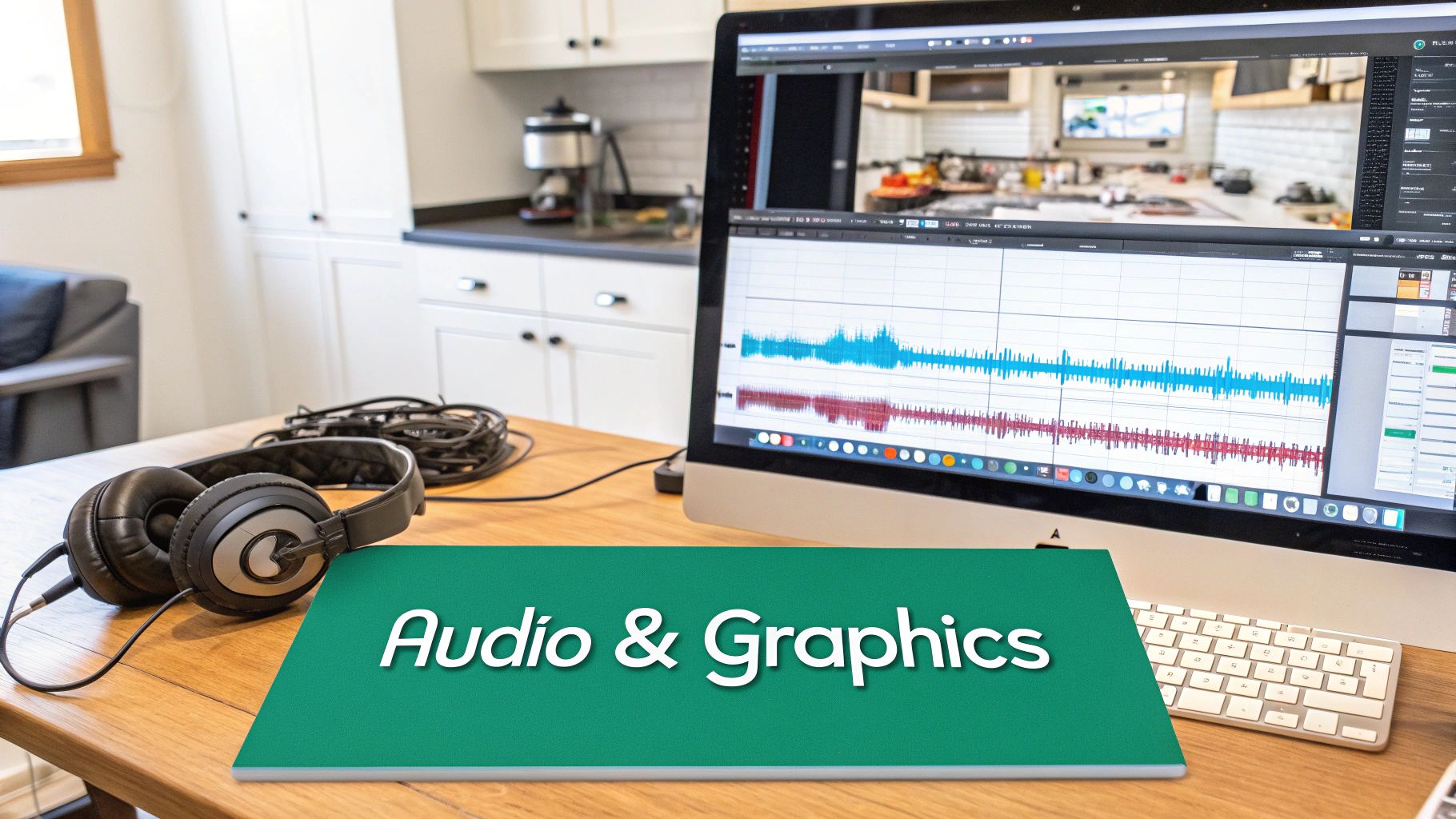 A desk with headphones, audio cables, and a computer monitor showing video editing software with audio waveforms and a kitchen scene.