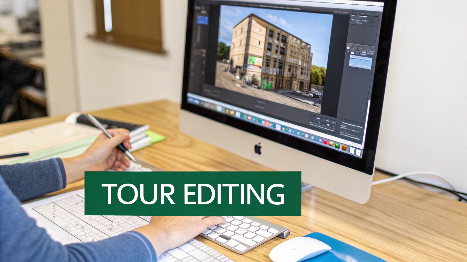 Person meticulously editing a virtual tour of a multi-story building on an Apple iMac computer.