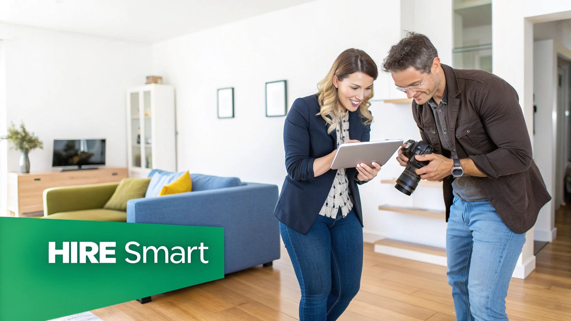 A real estate agent and a photographer collaborate, reviewing photos on a tablet and camera in a bright home.
