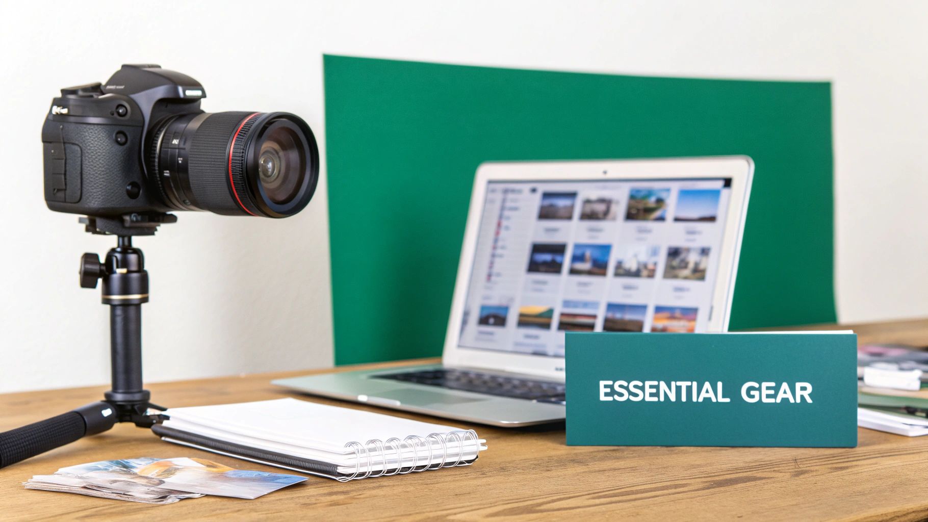 A camera on a tripod, laptop displaying photos, and notebook on a wooden desk with "ESSENTIAL GEAR" sign.