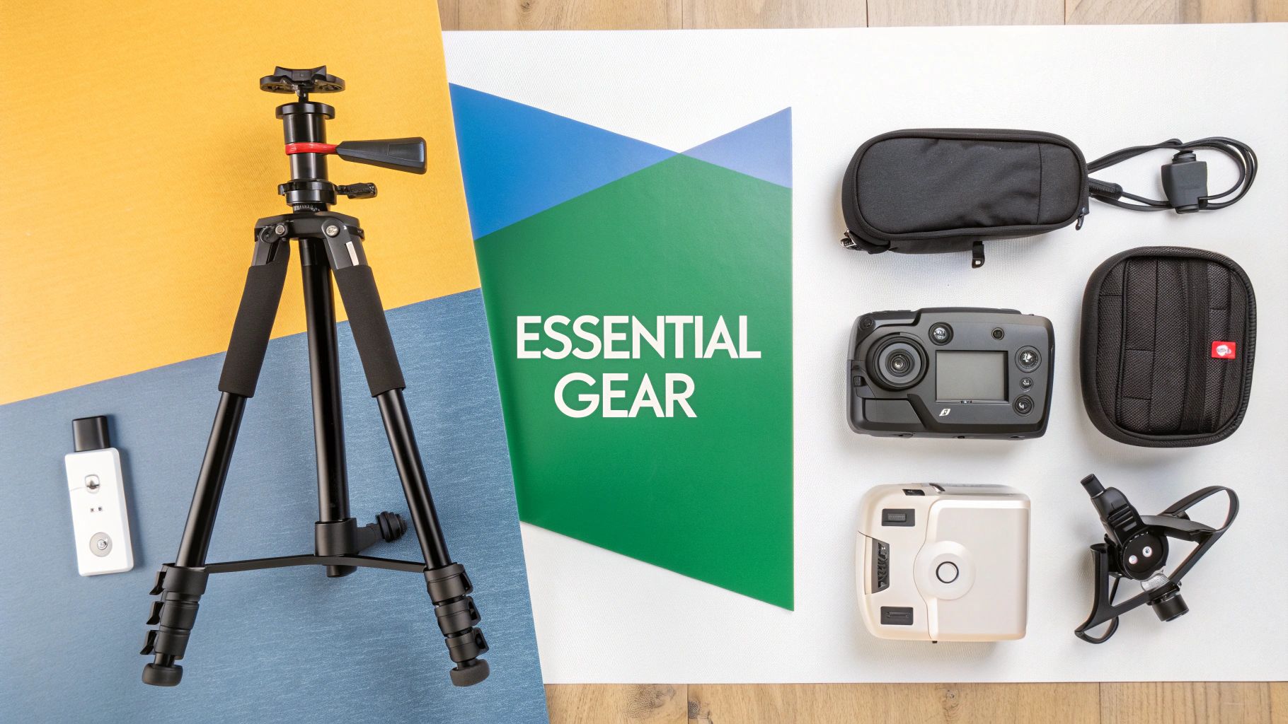 A flat lay of photography essential gear including a tripod, cameras, cases, and remote on a colorful background.