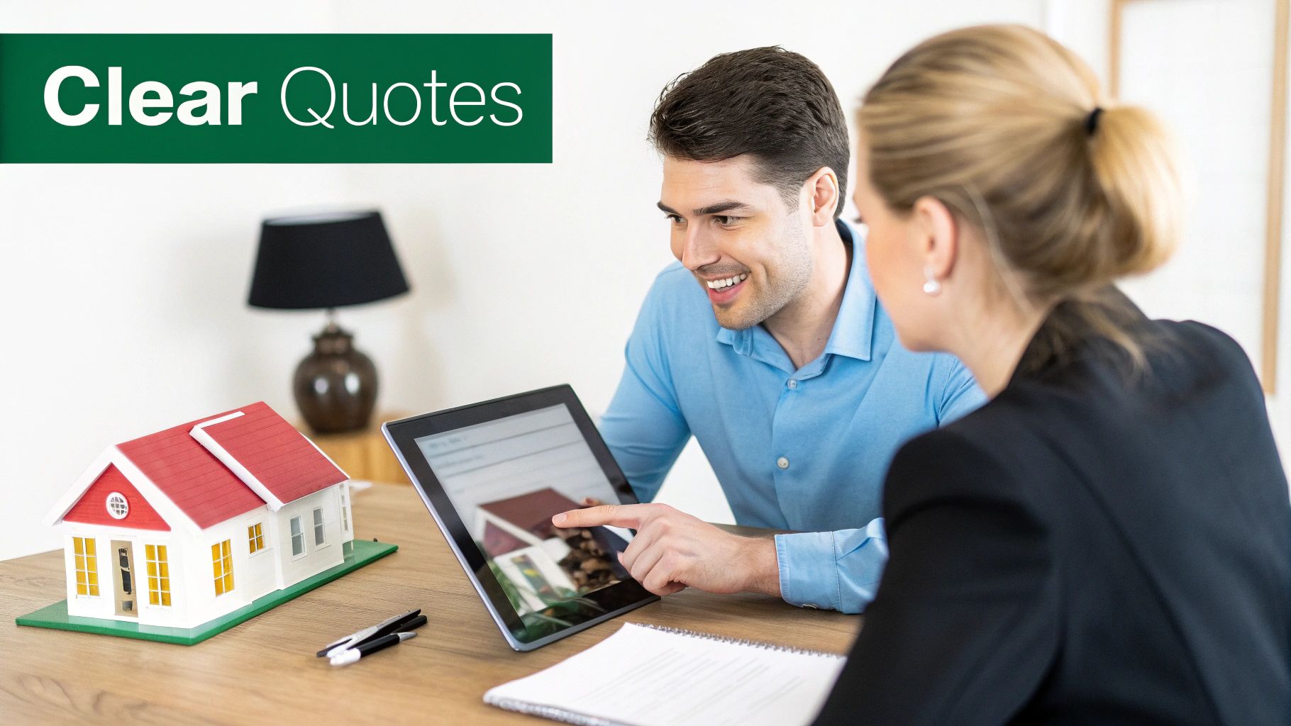 Professionals discuss real estate, pointing at a tablet with a model house and documents on the table.