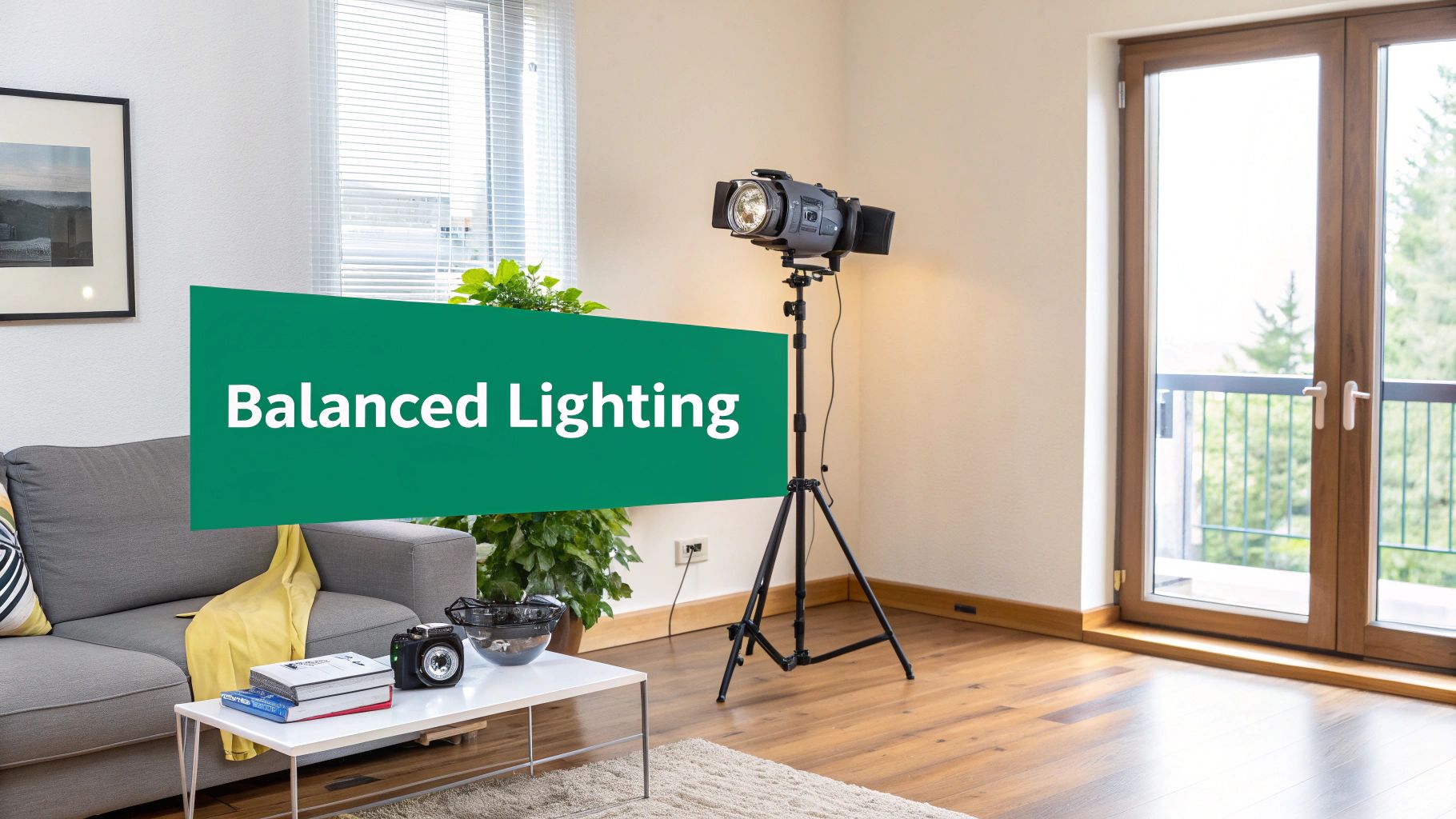 Professional studio lighting setup in a modern living room for balanced interior photography.