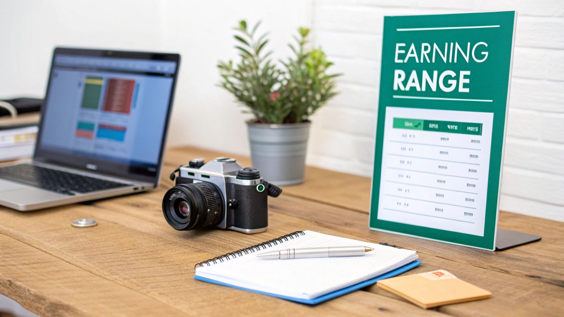 Desk setup with laptop, vintage camera, notebook, and 'EARNING RANGE' sign for professional income.