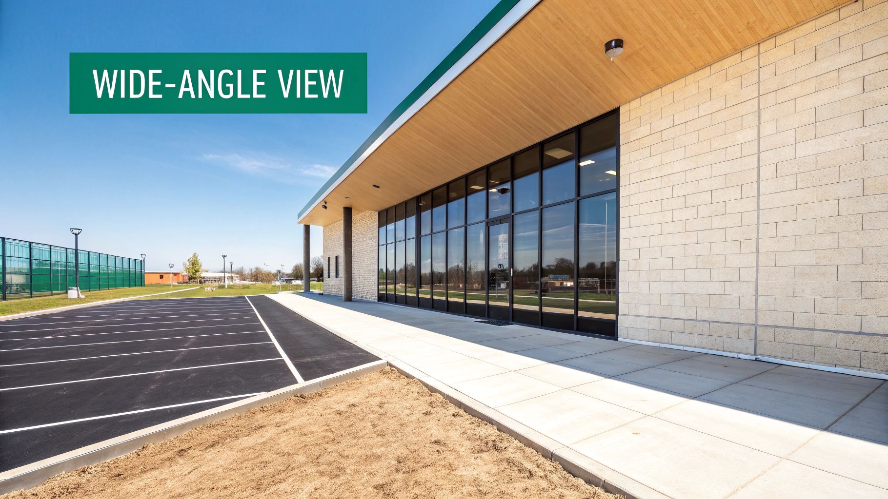 Wide-angle view of a modern building exterior with a glass facade, wooden soffit, and paved parking lot under a clear blue sky.
