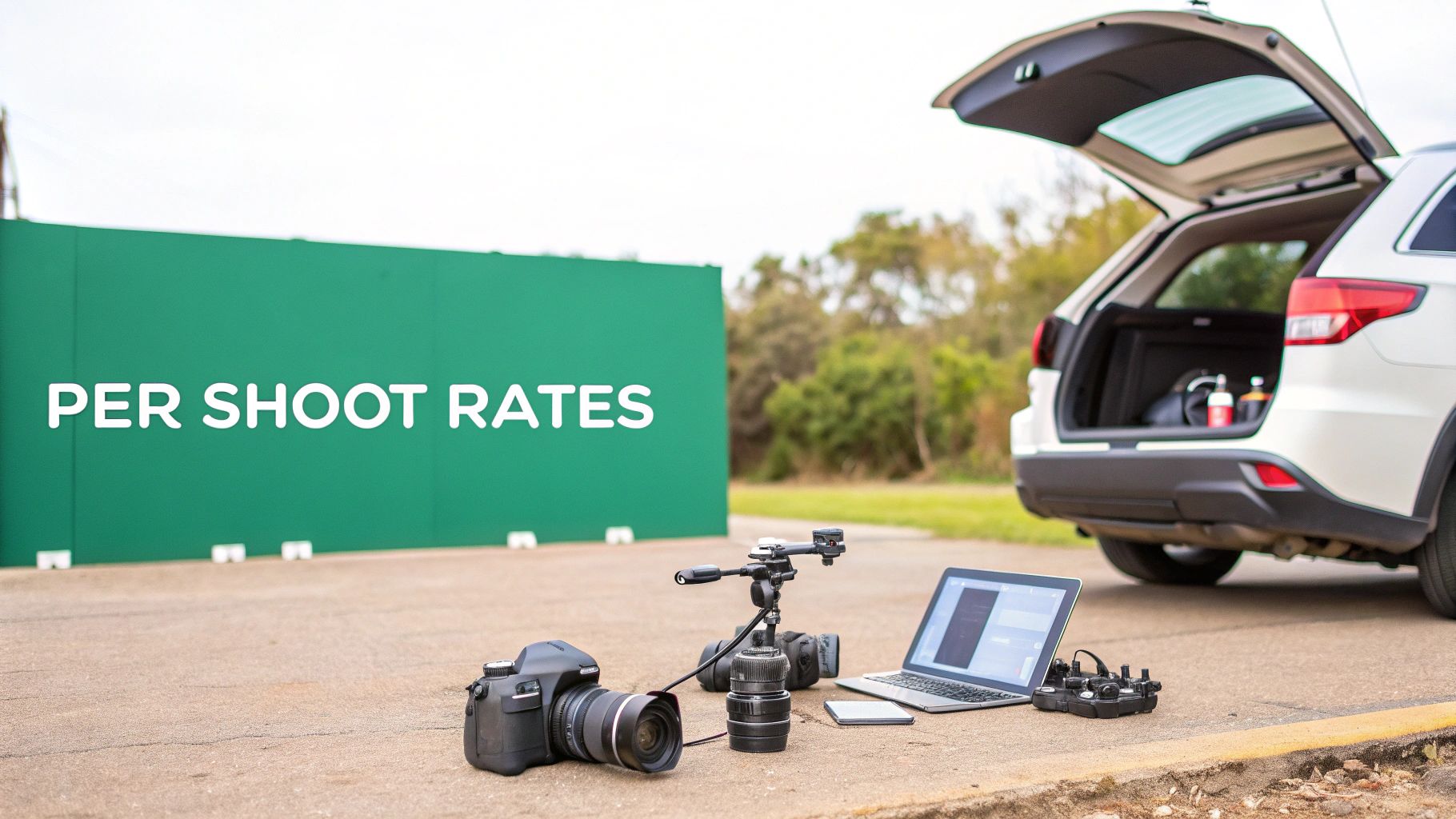 Outdoor photography and videography setup with cameras, laptop, green screen, and an open car trunk, displaying 'PER SHOOT RATES'.