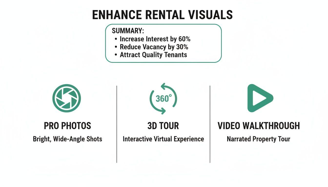 Infographic outlining how to enhance rental property visuals with pro photos, 3D tours, and video walkthroughs.