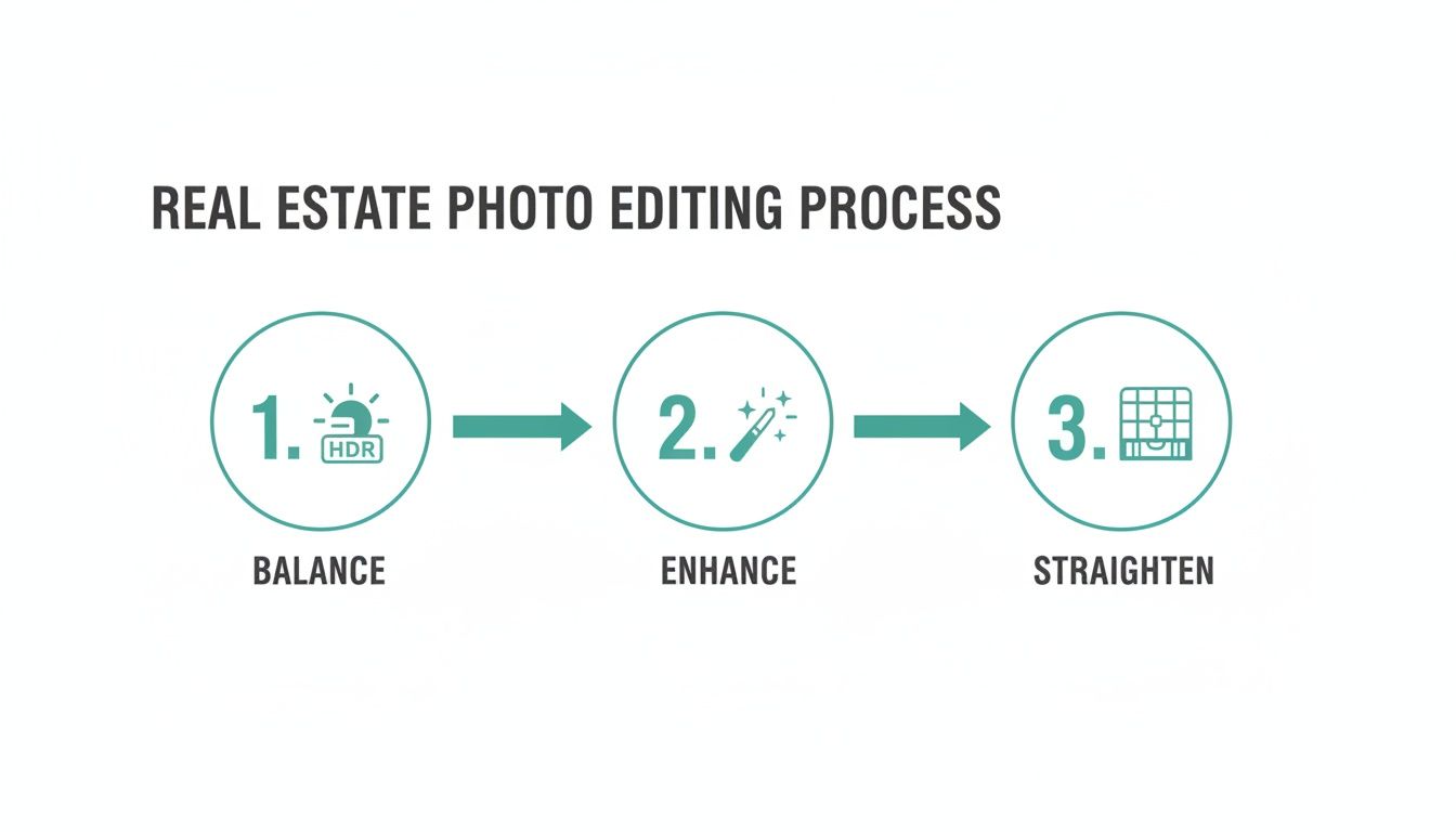 Infographic illustrating the real estate photo editing process with steps: balance, enhance, and straighten.