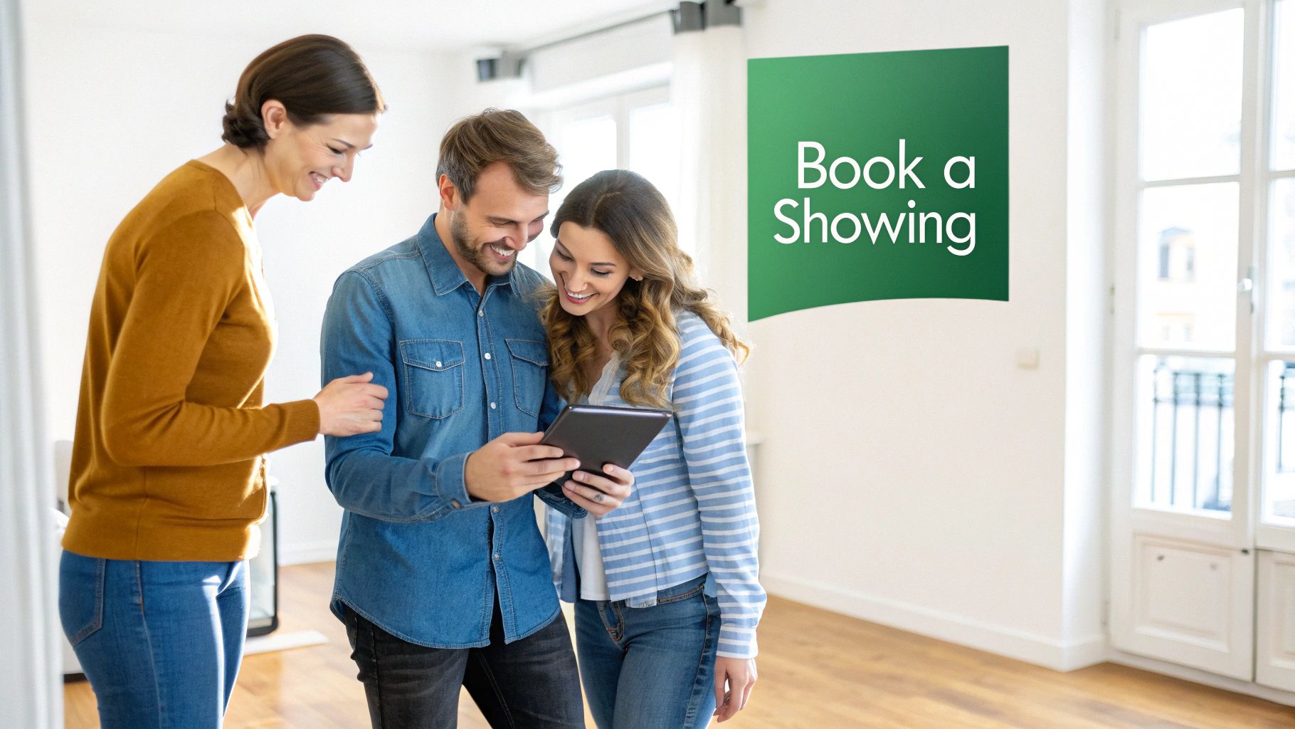 Three happy people looking at a tablet in a modern home with a 'Book a Showing' sign, ideal for rental property marketing.