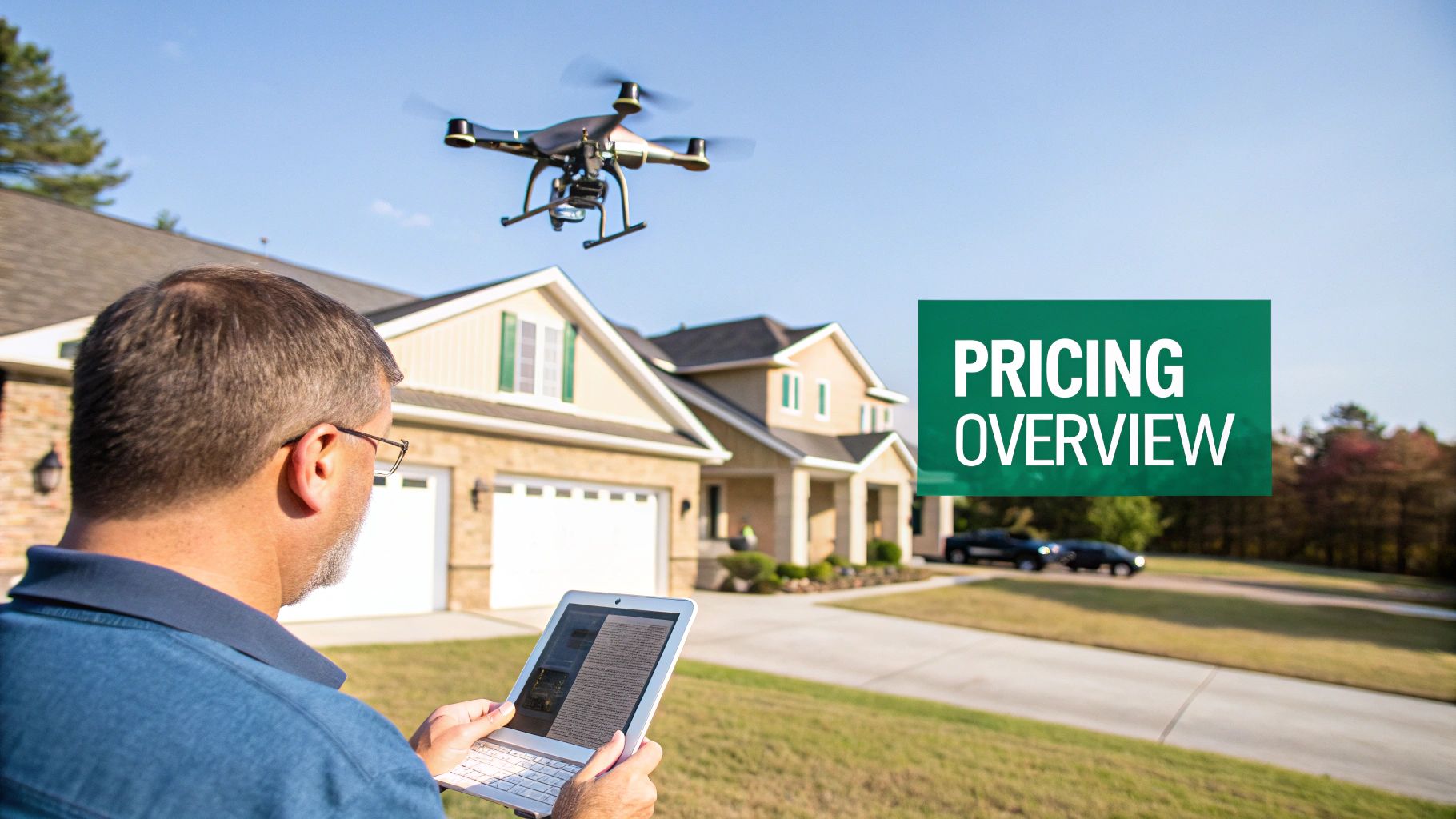 Man operating a drone with a tablet over suburban houses, displaying 'Pricing Overview' text.
