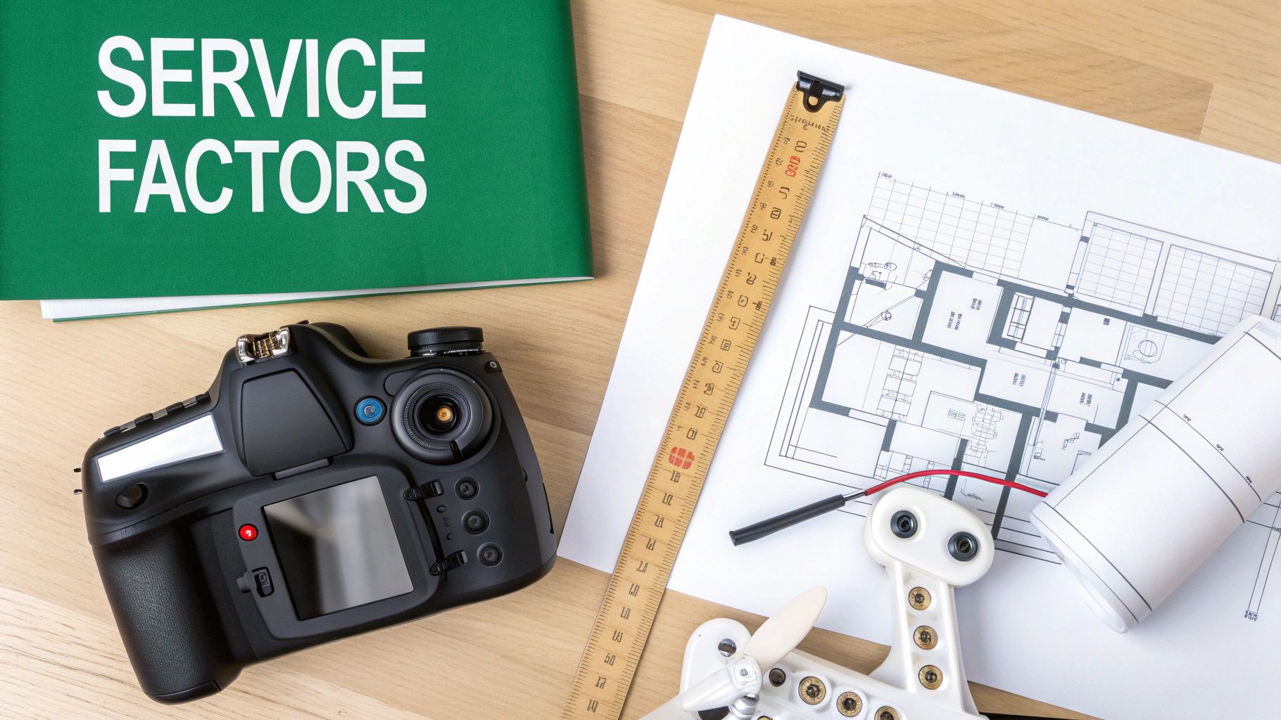Top-down view of a green 'SERVICE FACTORS' book, a camera, architectural plans, and engineering tools.