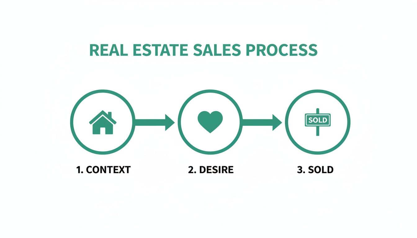A flowchart illustrates the real estate sales process, moving from context and desire to a successful sale.
