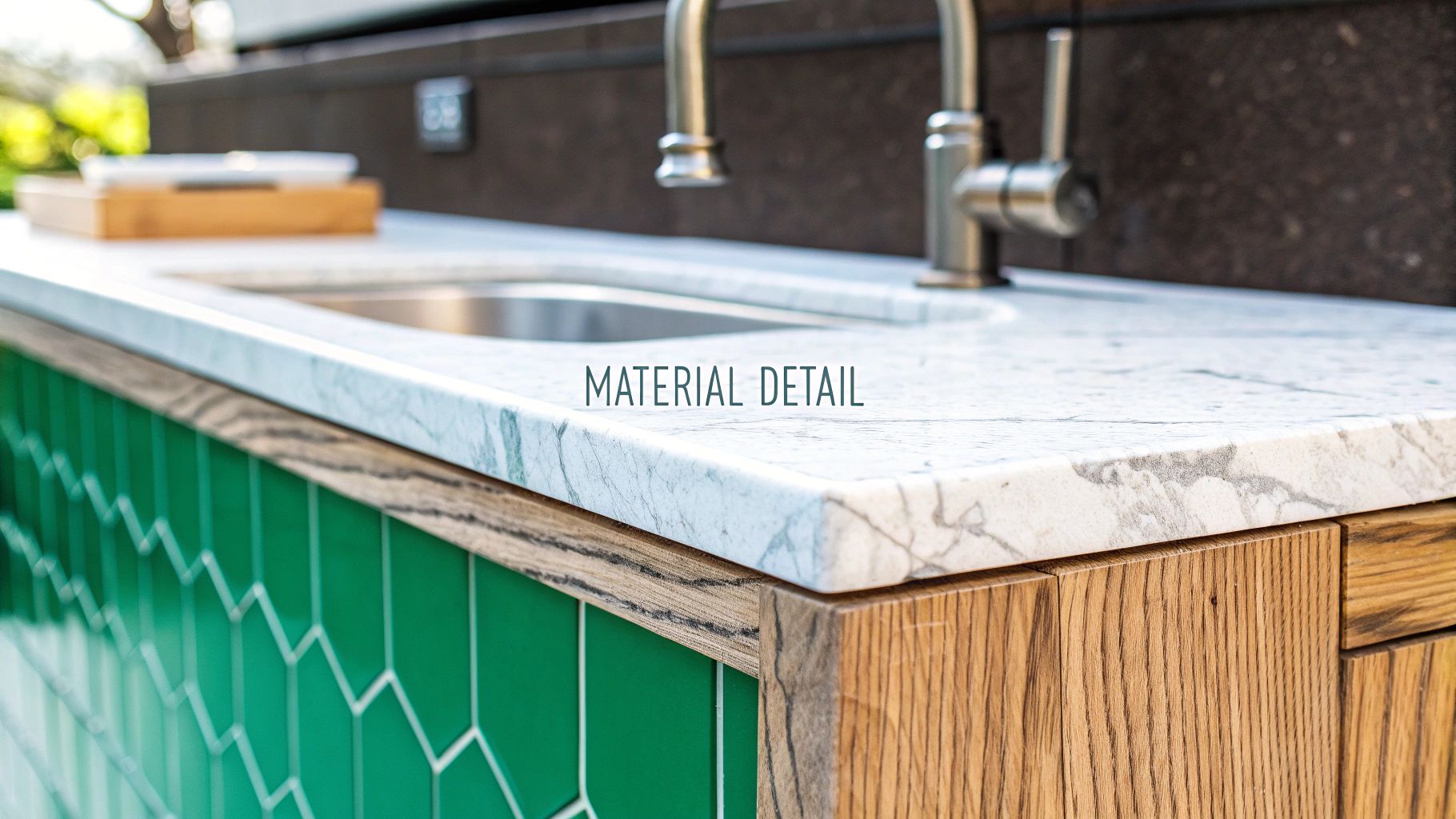 Close-up of an outdoor kitchen countertop made of white marble, green hexagon tiles, and wood.