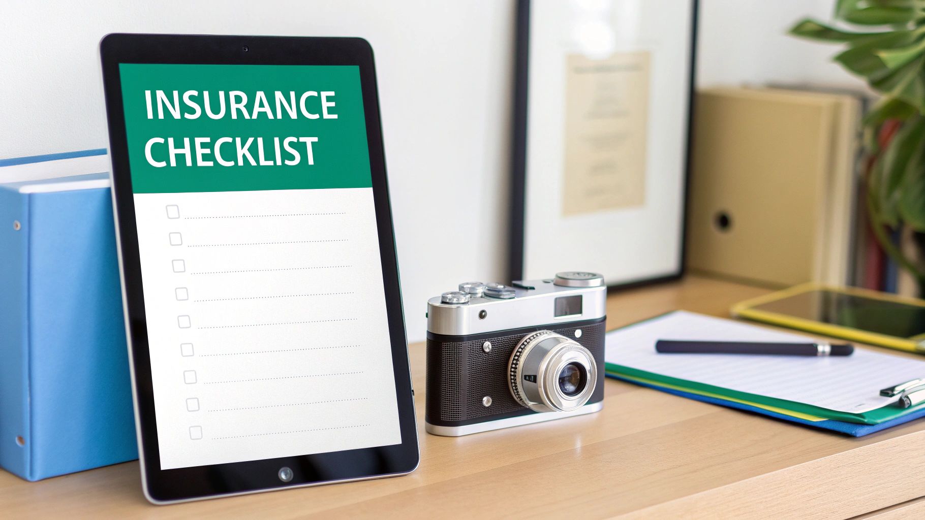 A tablet displays an 'INSURANCE CHECKLIST' next to a vintage camera, clipboard, and office supplies.