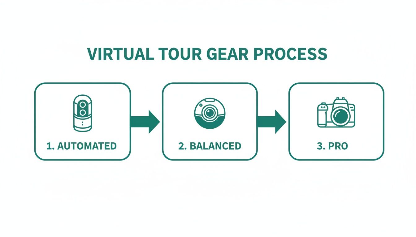 Process diagram detailing virtual tour gear progression: Automated 360 camera, Balanced gimbal camera, Pro DSLR.