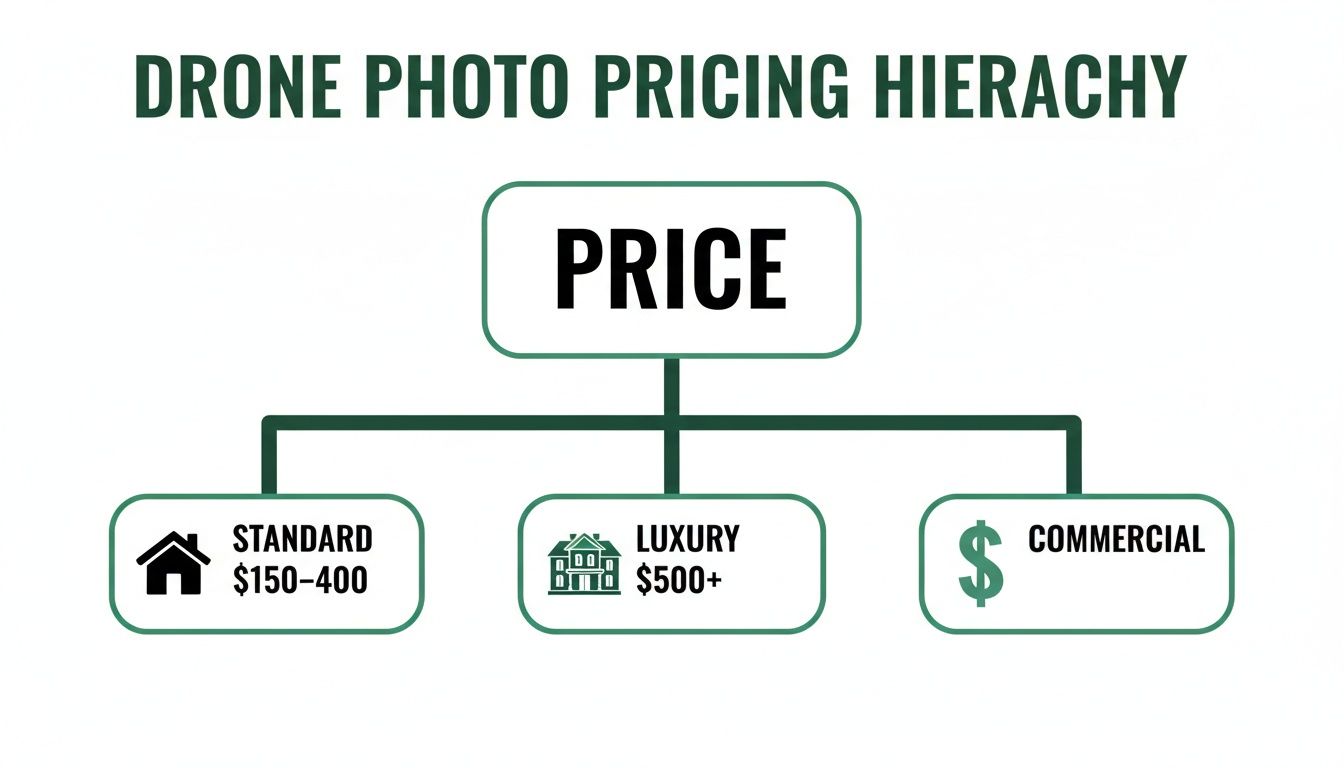 A pricing hierarchy chart for drone photography, showing standard, luxury, and commercial categories with price ranges.