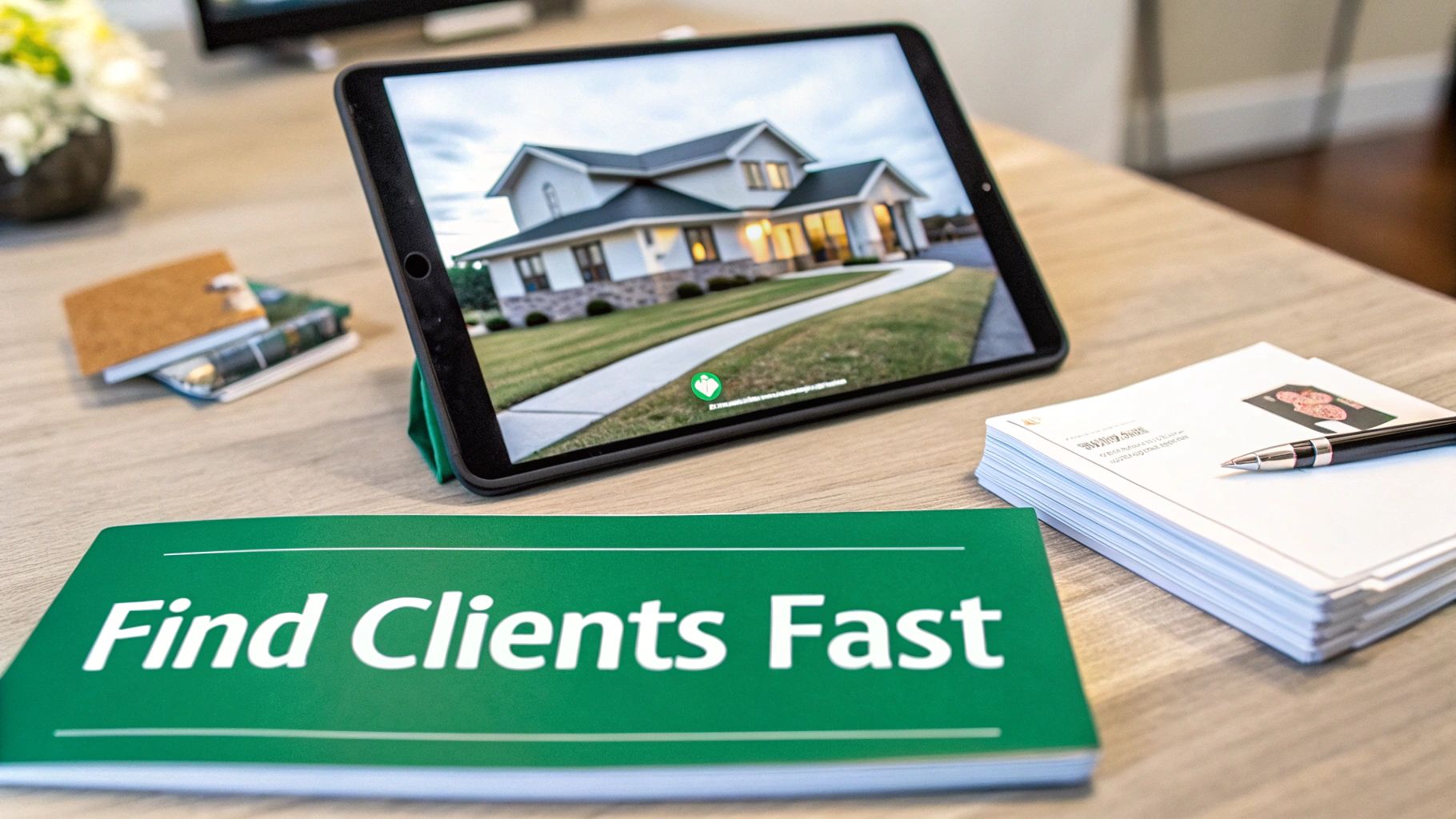 A tablet on a wooden desk displays a modern house, next to a green book 'Find Clients Fast'.