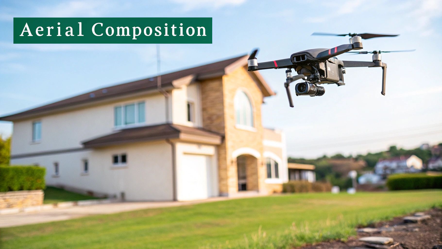 A drone with a camera flies over a green lawn in front of a modern house under a blue sky.