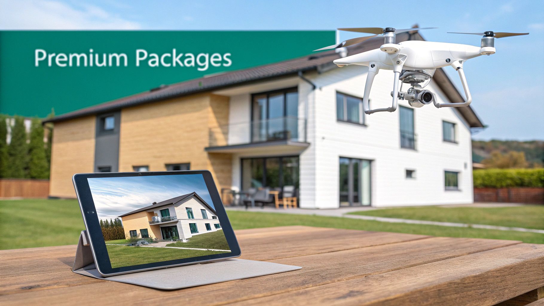 A drone flying above a modern house, a tablet displays another house image, and a 'Premium Packages' banner.