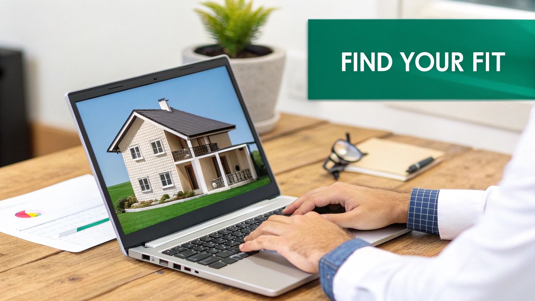 A person types on a laptop displaying a 3D model of a house, symbolizing a real estate search.