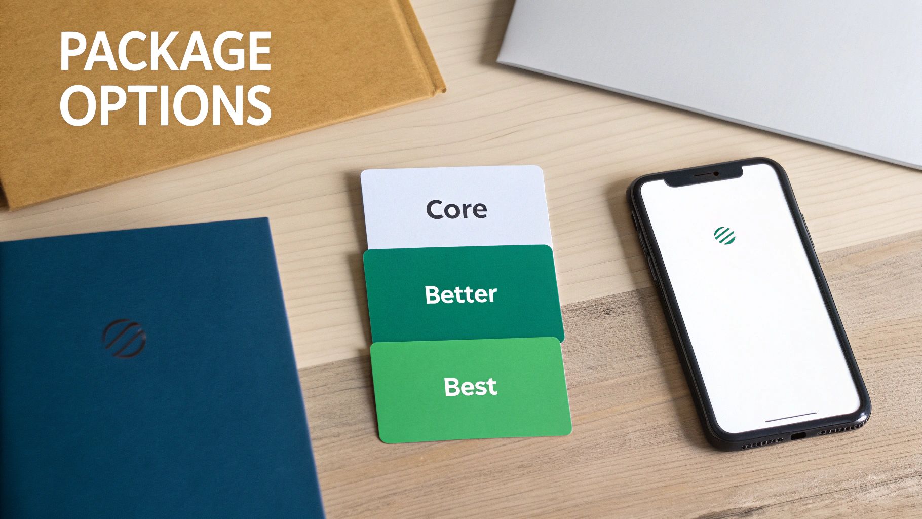 Wooden desk with 'PACKAGE OPTIONS' on a book, three cards labeled 'Core', 'Better', 'Best', and a smartphone.