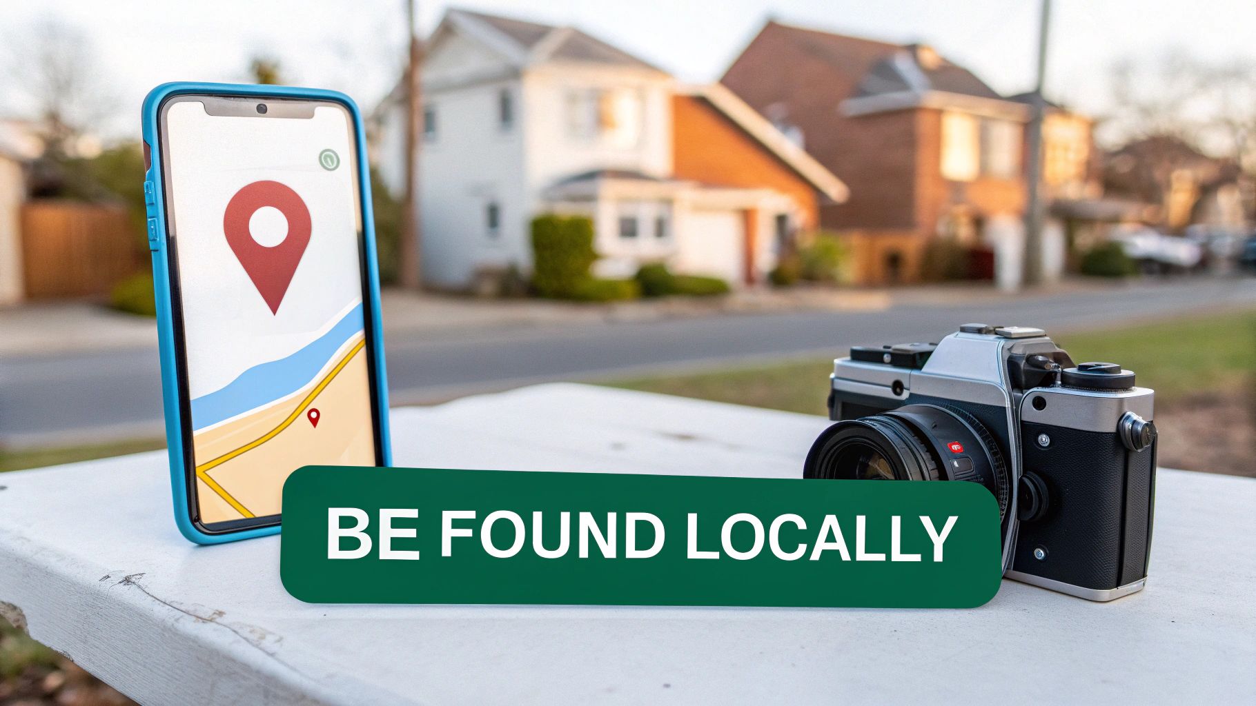 Smartphone displaying a map with a location pin, vintage camera, and 'BE FOUND LOCALLY' banner.