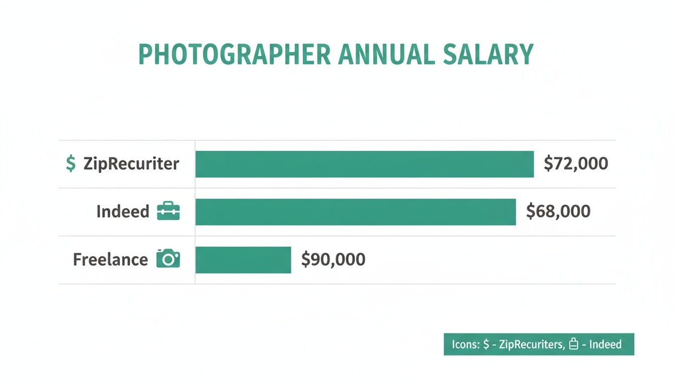 Bar chart comparing photographer annual salaries from ZipRecruiter ($72,000), Indeed ($68,000), and Freelance ($90,000).