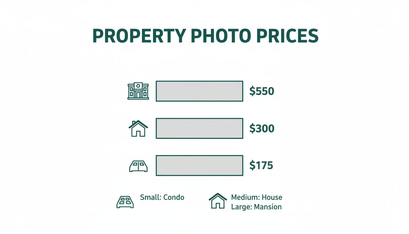 This image displays property photo prices: large properties at $550, houses at $300, and condos at $175.