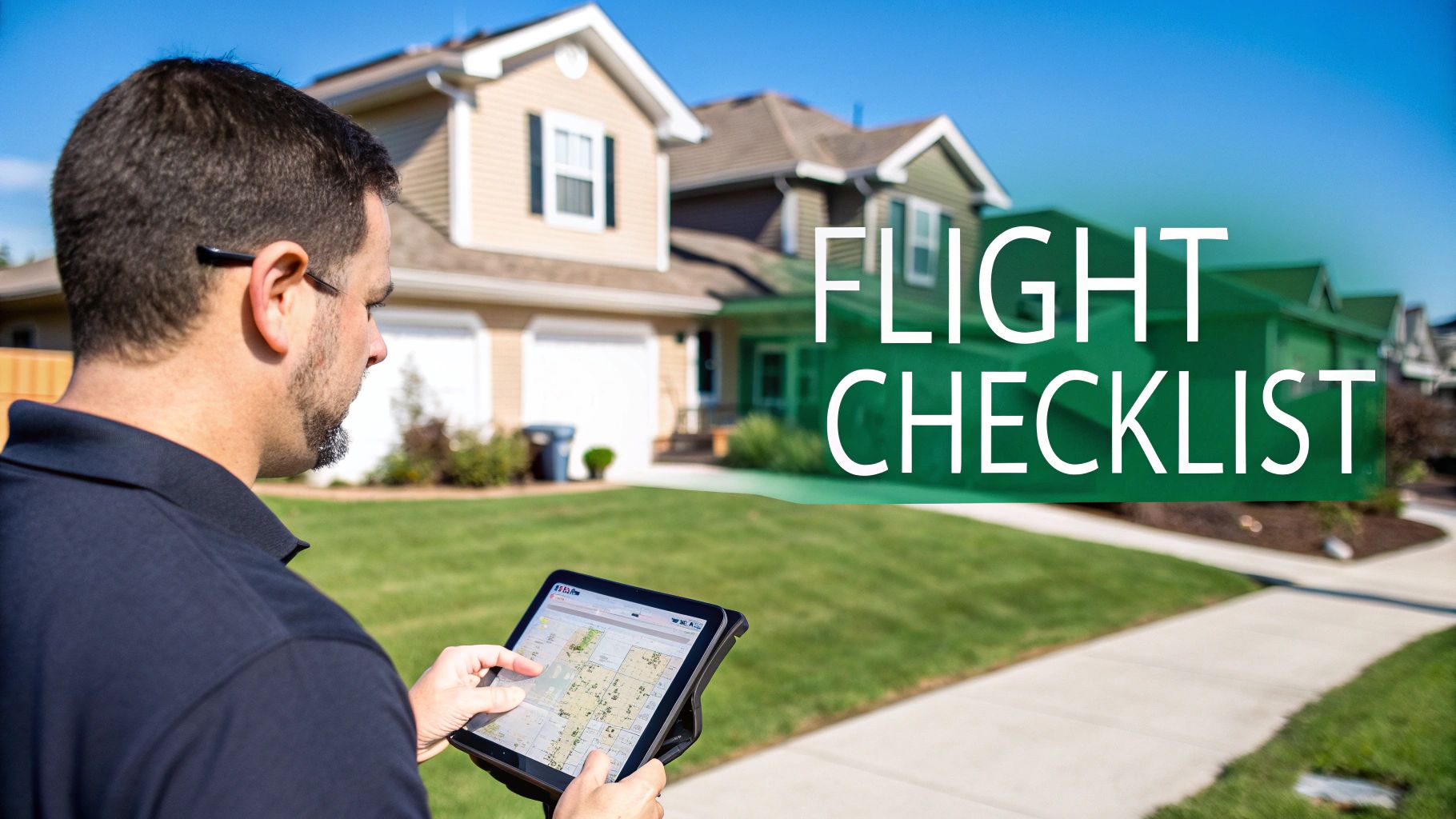 A man uses a tablet displaying a map, preparing for a drone flight in front of suburban houses.