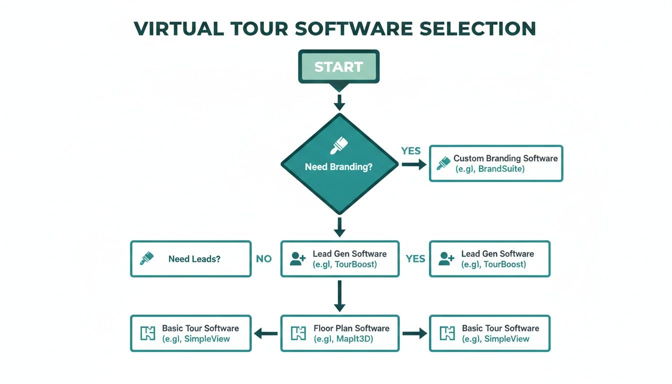 Flowchart showing virtual tour software selection based on branding, lead generation, and floor plan requirements.