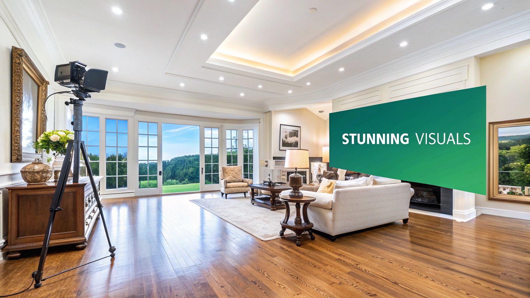 Professional camera setup in a luxurious living room with scenic outdoor views and hardwood floors.