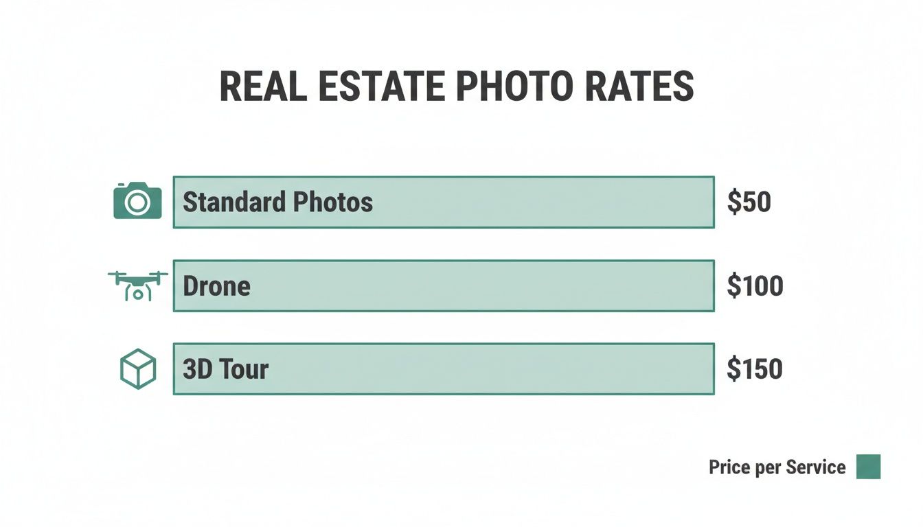 A real estate photo rates chart displaying costs for standard photos, drone services, and 3D tours.