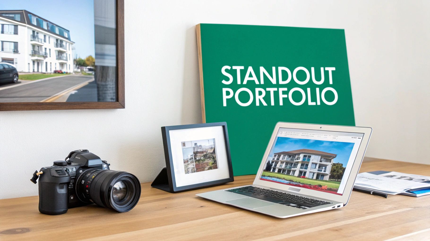A professional real estate workspace featuring a camera, laptop, and 'STANDOUT PORTFOLIO' sign.