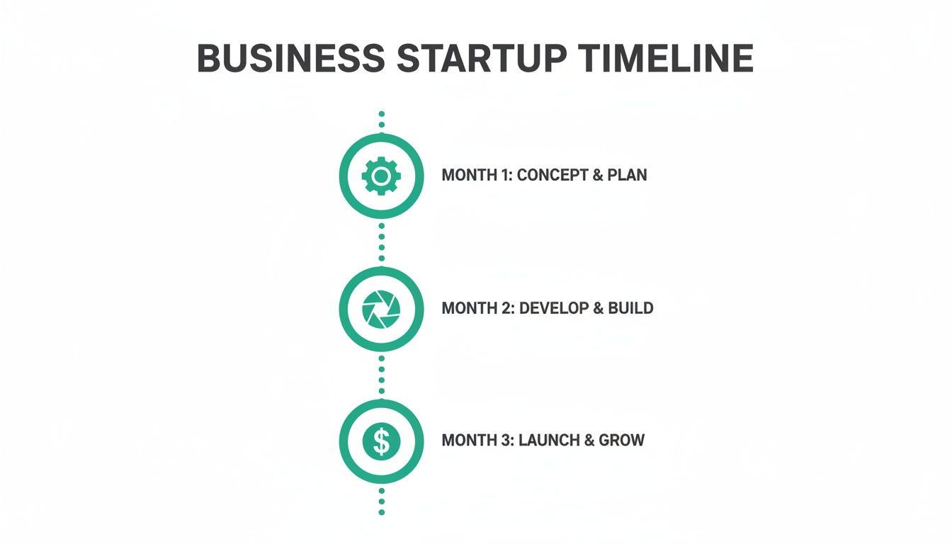 A business startup timeline infographic with three monthly stages: Concept, Develop, and Launch.