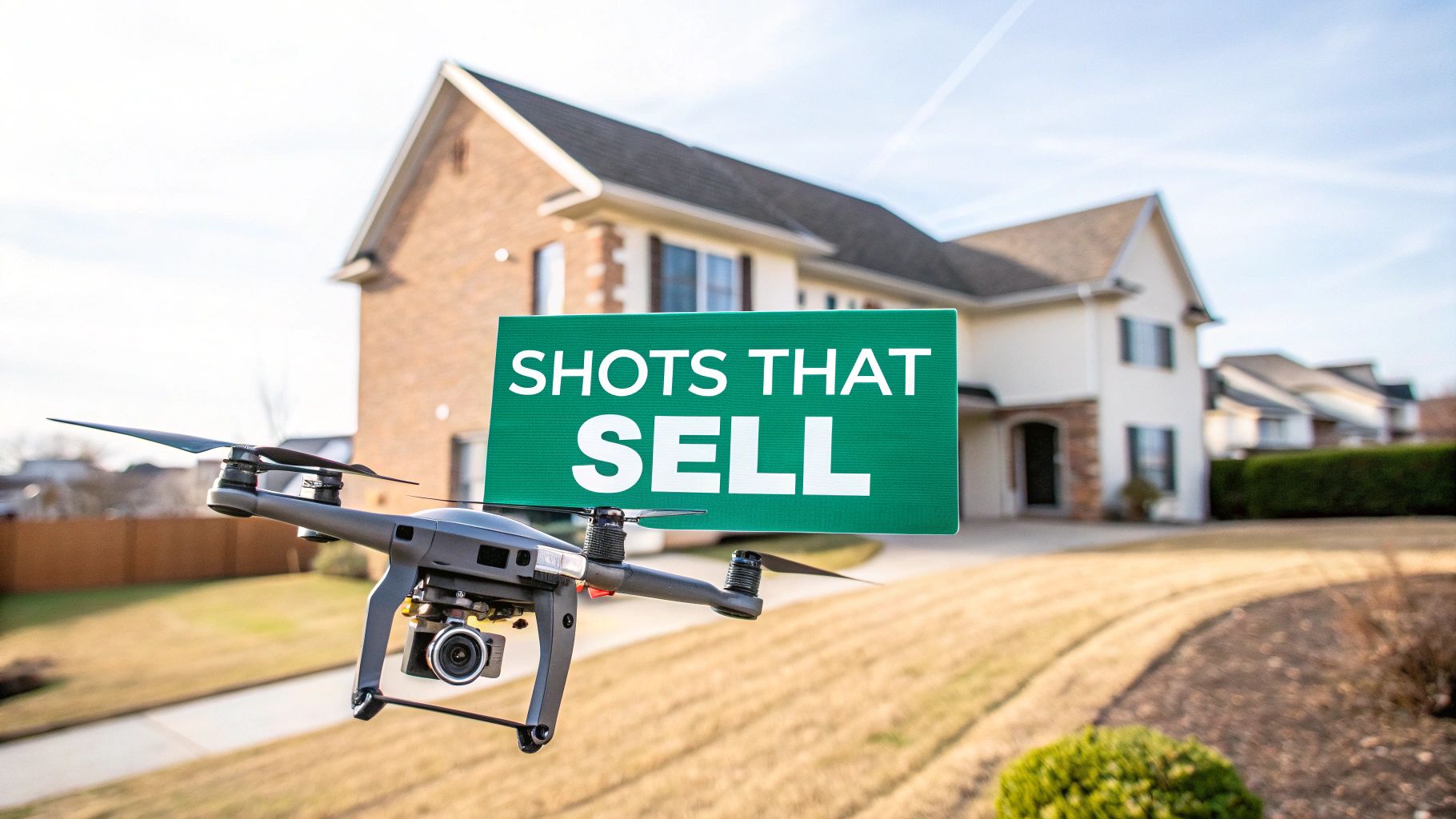 A drone with a green 'SHOTS THAT SELL' sign flying near a suburban house for real estate.